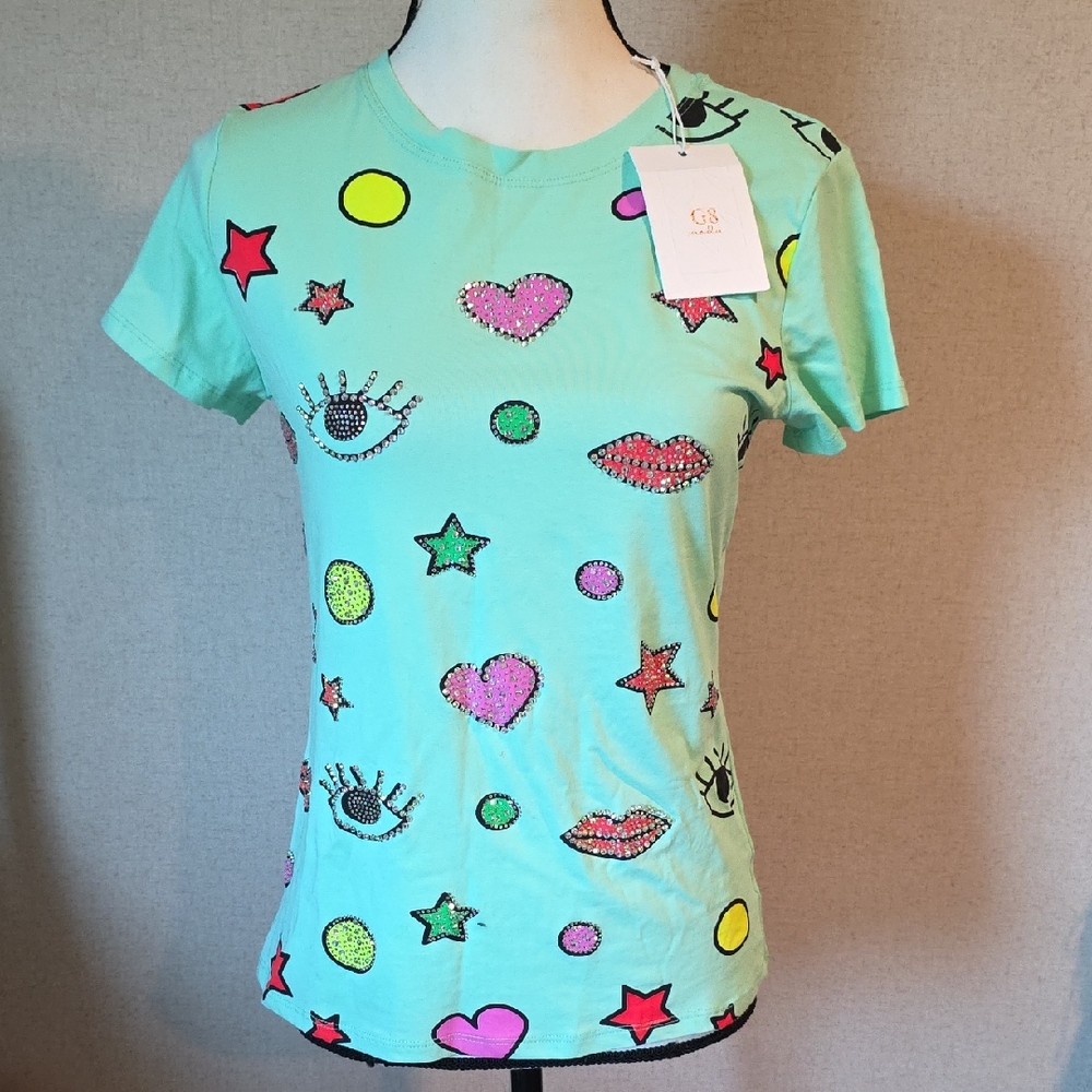 Aqua Graphic Gem Embellished Tee